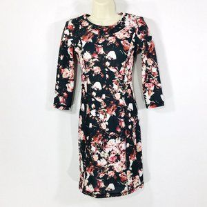 H&M Black Floral 3/4 Sleeve Mini Dress Sz S-M Zip Quilted Accent Long Sleeve